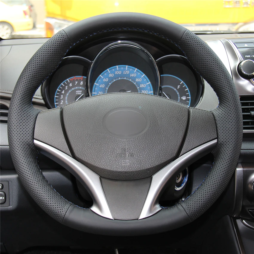 Ручная сшитая черная крышка рулевого колеса автомобиля из натуральной кожи для Toyota Vios