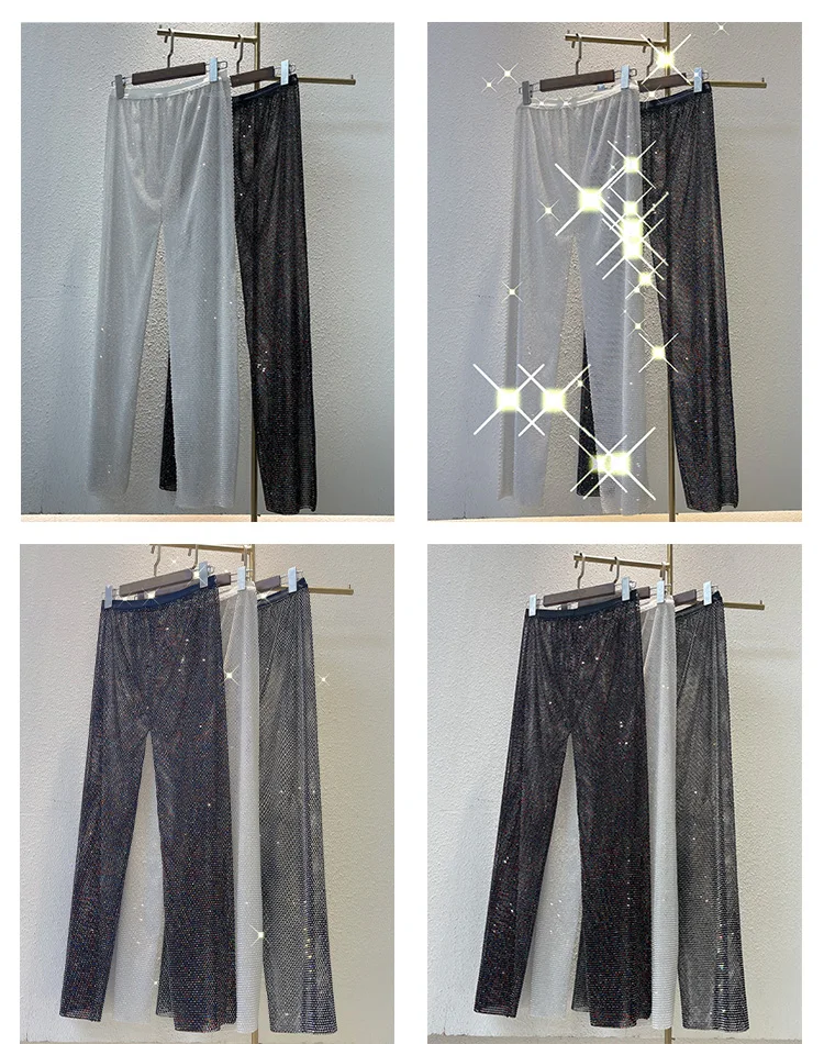 flare jeans H80&S90 New Sexy and Club Crystal Diamond Shiny Women Pants Hollow Out Mesh Wide Leg Rhinestone Trousers See Through Beachwear capri pants for women