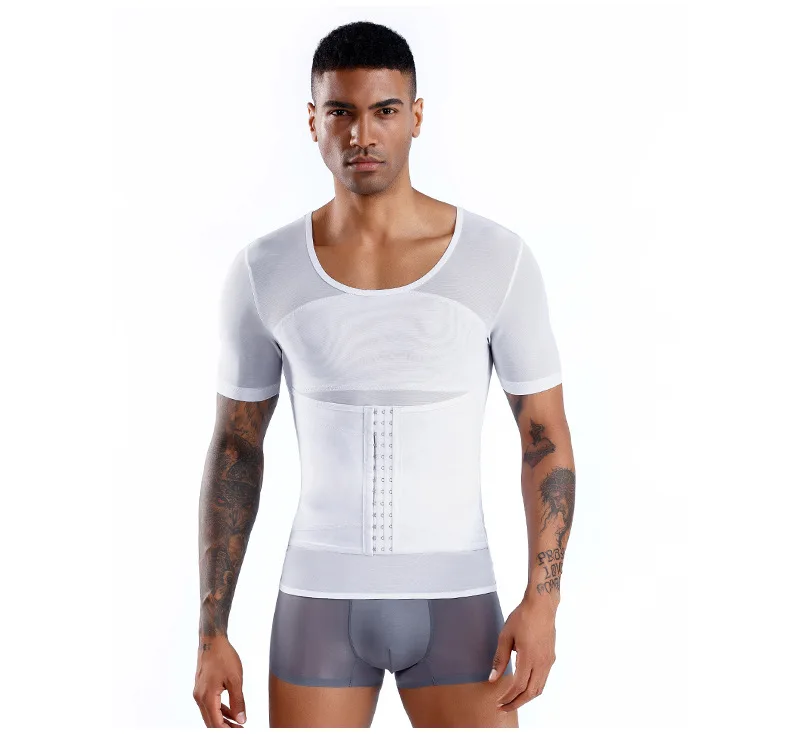 New Men Corset T-shirts Body Slimming Tummy Shaper Fat Burning Vest Belly Waist Girdle Shirt Shapewear Underwear Black White