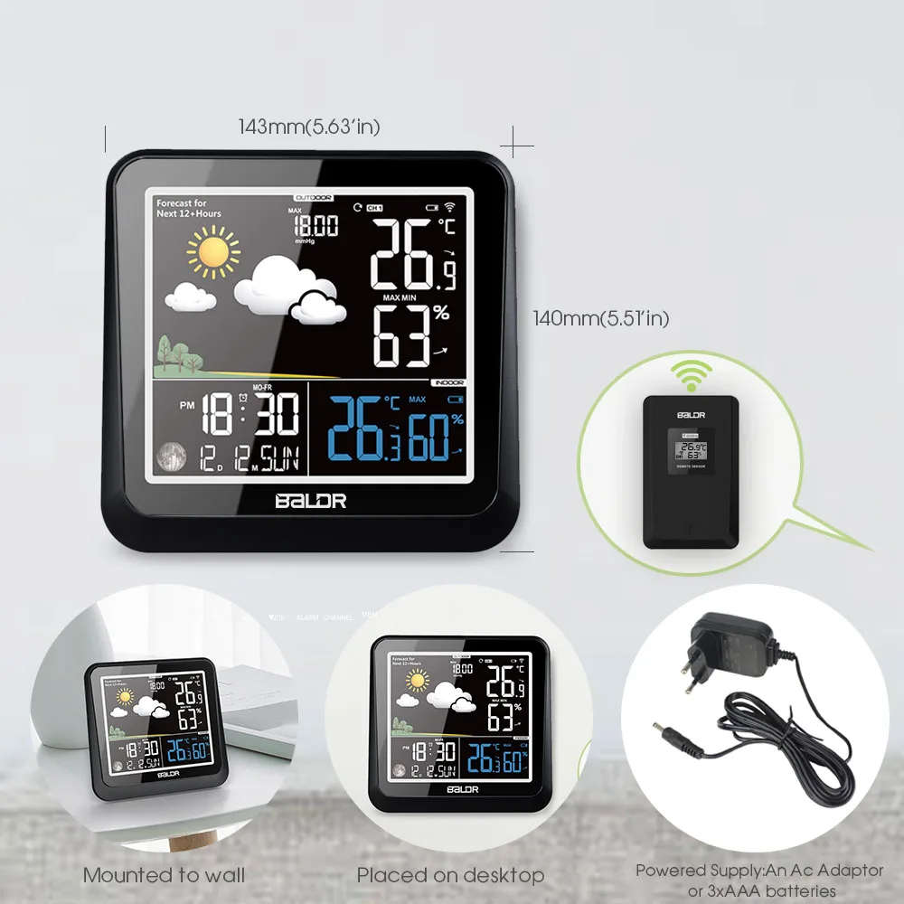  Baldr LCD Color Indoor Outdoor Weather Station + Remote Sensor Thermometer Snooze Clock Desk Alarm 