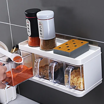 

4pcs/Set Kitchen Salt Sugar Pepper Spice Jar Rack Wall Mount Plastic Condiment Seasoning Box Bottle Storage Container Organizer