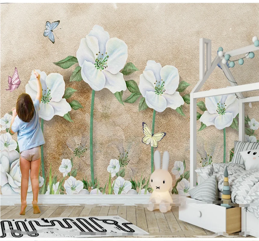 Modern light blue simple and elegant 3d three-dimensional flower butterfly mural custom wallpaper 8D waterproof wall covering