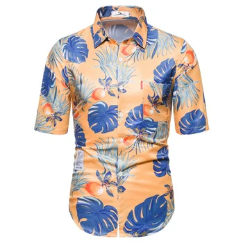 

2020 Men Floral Print Short Sleeve Shirt Summer Hawaii Holiday Loose Casual Turn-down Collar Shirts Top