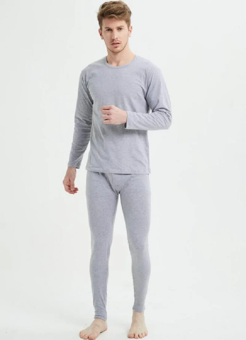light grey Теплая Пижама мужское термобелье, зимний теплый костюм, мужские кальсоны, одноцветные штаны, топы с длинными рукавами, комплект L/XL/XXL - Цвет: light grey