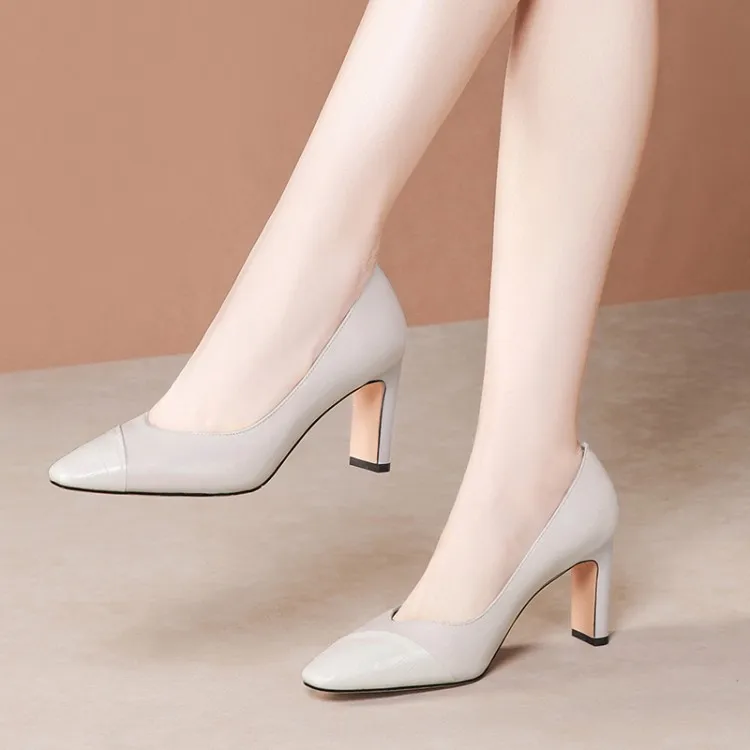 

Early Spring Pointed-Toe-Style Metal A- line Belt Buckle Chunky Semi-high Heeled Low-Cut Solid Color Full-grain Leather Tendon O