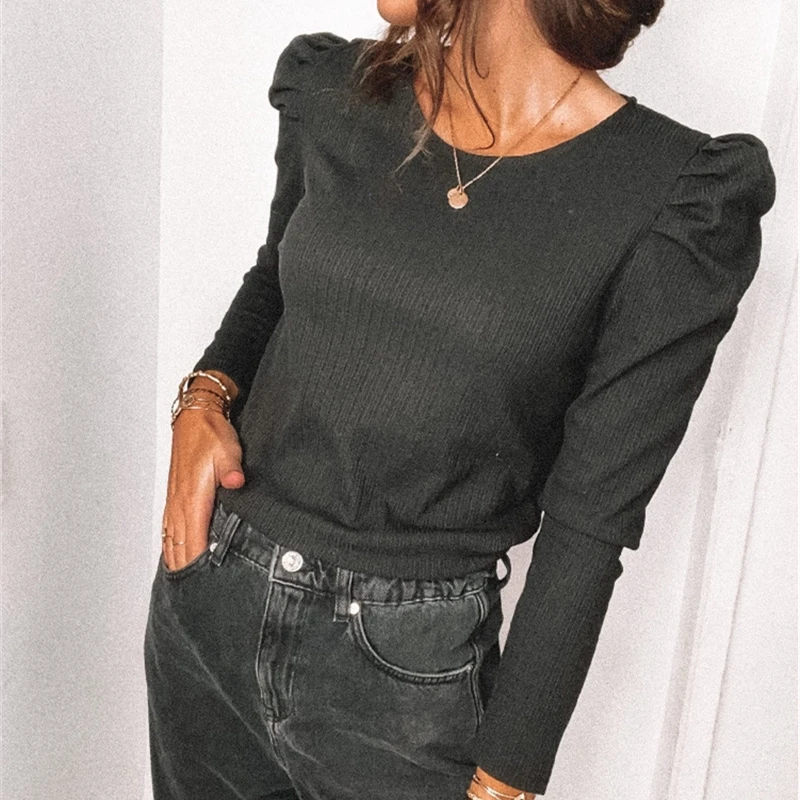 New Women's Long Sleeve Solid Color Crop Top O-neck Slim Short T-shirt Autumn Office Lady Wear Party Wear Plus Size