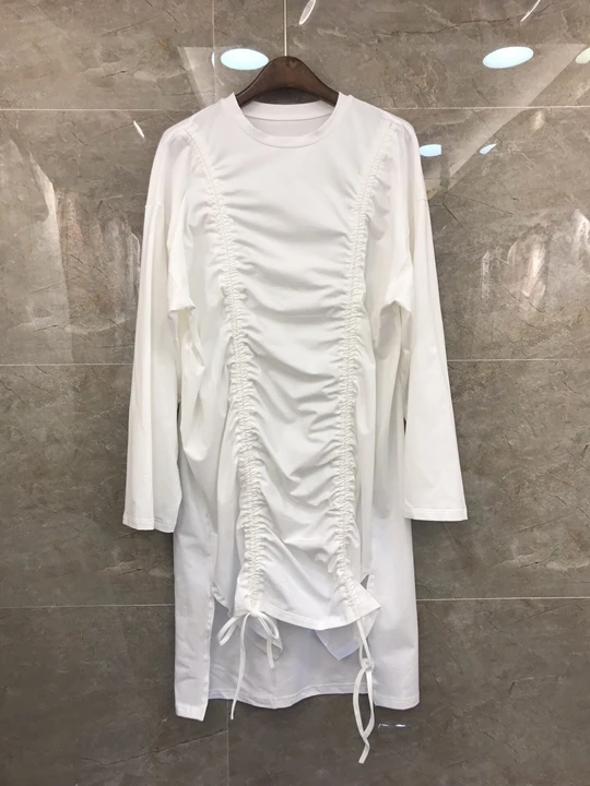 

2019 Early Autumn New Women's Round Neck Pure Colour Wrinkled Long Sleeve Dress 817