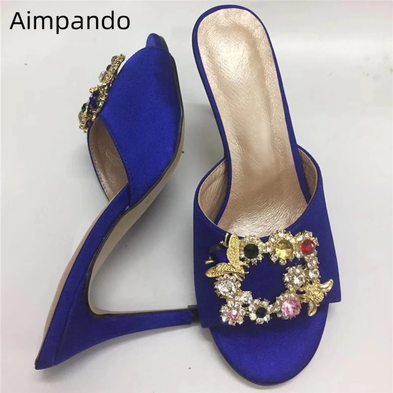 

Luxury Rhinestone Square Buckle Slippers Women 10cm Thin Heels Open Toe Crystal Metal Decor High Heel Shoes Woman