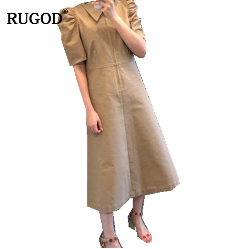 

RUGOD 2019 New Autumn Women Solid Slim Dress Turn-down Collar Puff Sleeves Slim A-line Zipperfly Vestidos Vintage Stylish Dress