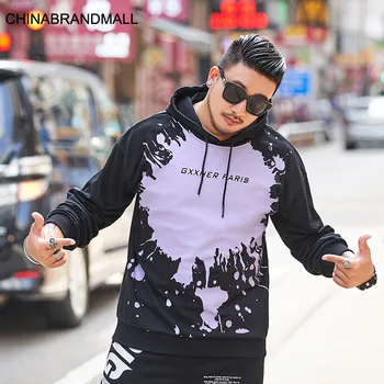 

Big size Men's Wear super Brand Fat Man Hoodie Loose Long Sleeve T Shirt Plus Fat Plus Dawith Cap Splash Ink Printing