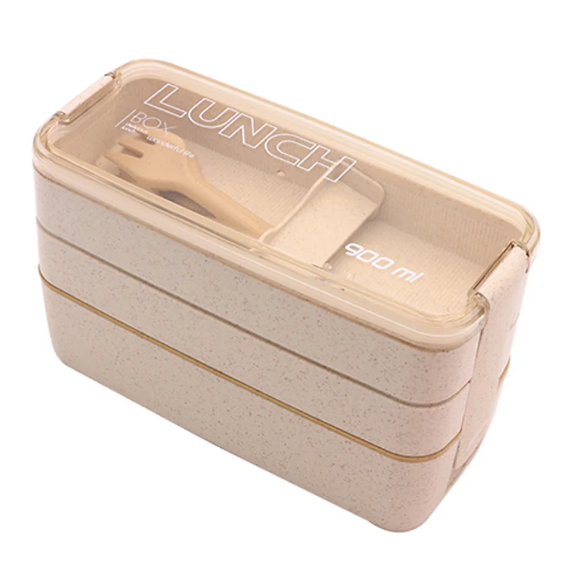 Bento Box контейнер для еды Пшеничная солома 900 мл розовый 3 слоя бежевый 1 шт. экологичный Ланч-бокс зеленый - Цвет: Wheat