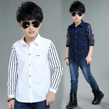 

2020 Autumn Clothing New Style Shirt BOY'S Knit Striped Sleeve Shirt Big Boy Versatile Fold-down Collar Tops CHILDREN'S Shirt