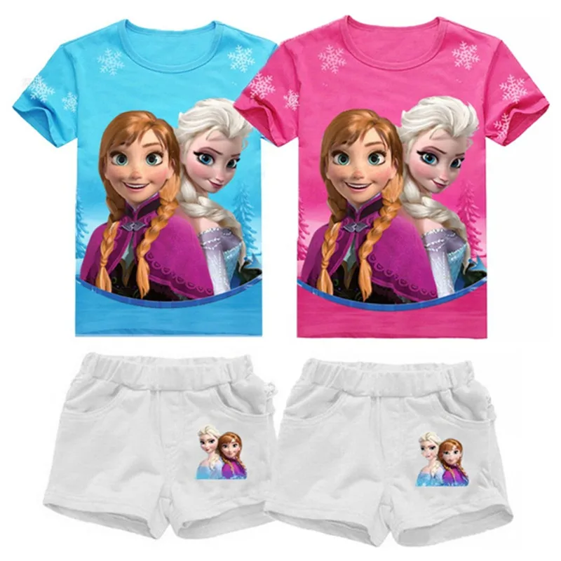Одежда для девочек с принцессой Эльзой и Анной, футболка, летний комплект из 2 предметов, футболка с короткими рукавами и рисунком+ шорты, детская одежда из хлопка для 3-7 лет