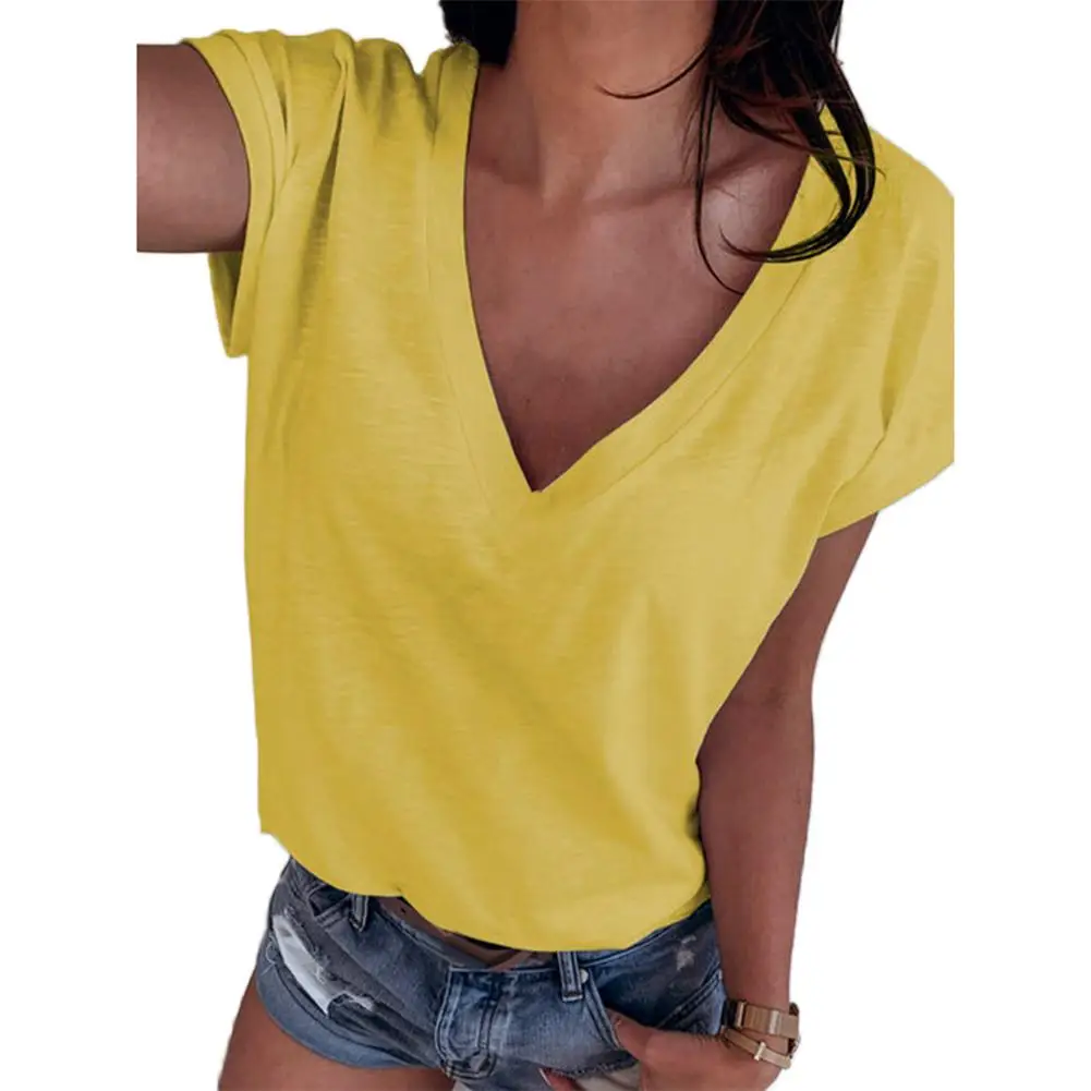 Summer-Women-T-shirt-Casual-V-Neck-Solid-Color-tshirt-Short-Sleeves ...