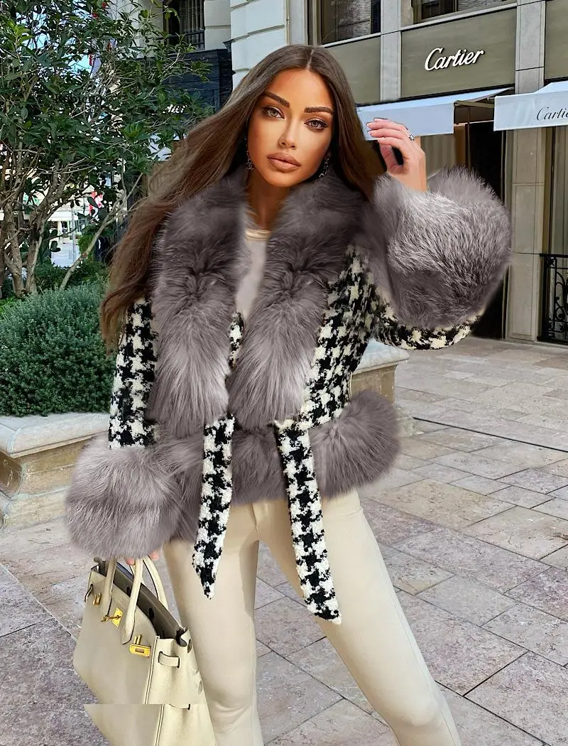 

Куртка Rebicoo Женская с воротником из искусственного меха, Модный жакет с поясом на завязке, элегантный облегающий укороченный жакет из твида