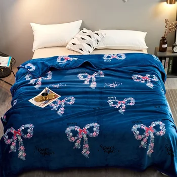 

New Lovely bowknot Super Soft Warm Solid Warm Micro Plush Fleece Blanket Throw Rug Sofa Bedding Blanke tDark blue Flannel