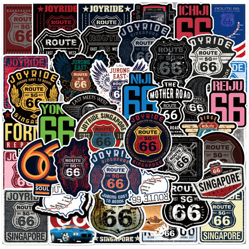 

50Pcs Retro Route 66 Stickers Skateboard Guitar Motorcycle Bicycle Travel Luggage Fridge DIY PVC Cool Stickers Kids Classic Toys