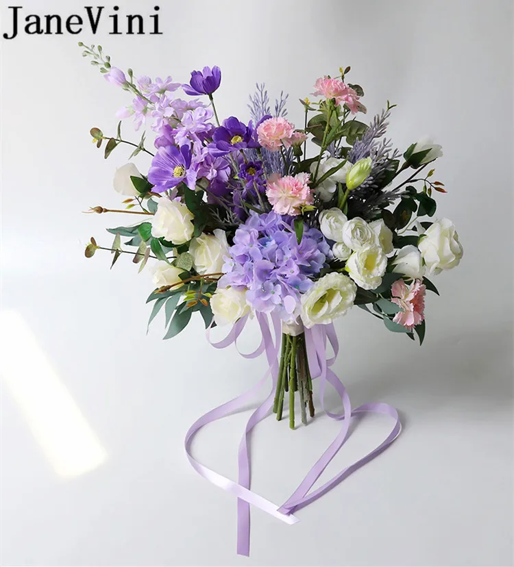 JaneVini Silk Wedding Bouquet Blue Flowers Bridal Bouquets Handmade Rose Leaf Yellow Brides Bridesmaids Bouquet Ramo Artificial