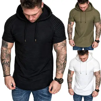 

Men Summer Casual Solid Color Pleated Short Sleeve T-Shirt Hoodies Hooded Top