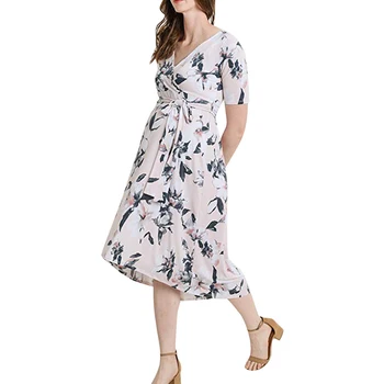 

Women's 2019 Faux Wrap Maternity Dress with Adjustable Belt V Neck Breastfeeding Pregnancy Dresses Casual Floral Nursing Dress