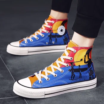 

Spelling Color Trend Male Shoe Personality Printing Cloth Shoe Korean Teenagers Shoes Ventilation Spring Skate Shoes In High