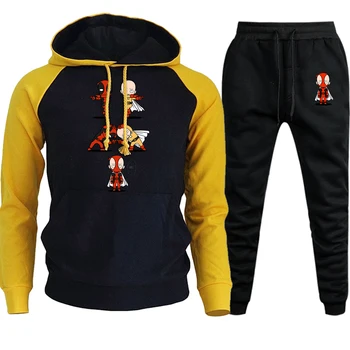 

One Punch Deadpool Autumn Winter New Sweatshirts Men Raglan Hoodie Cartoon Print Pullover Fleece Hoodie+Sweatpants 2 Piece Set