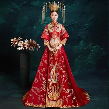 Для женщин Винтаж Длина пола Cheongsam вышивка Китайская традиционная невеста свадебное платье Дракон Феникс ханфу одежда