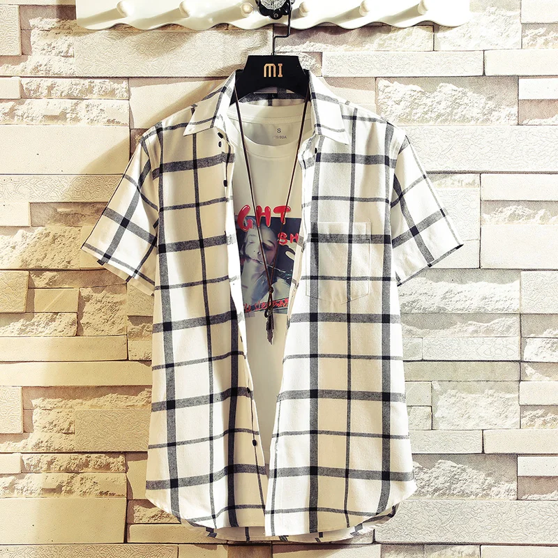 Men's Clothing Fashion  Shirts Single Pocket Short Sleeve Youthful Soft Casual Plaid Checkered Top Male Shirts  for men