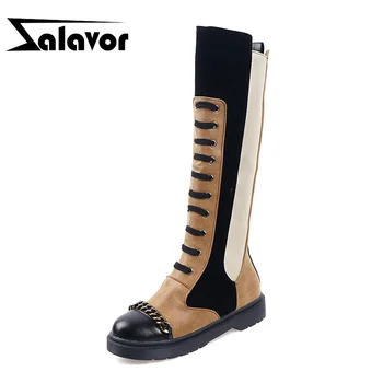 

ZALAVOR Women Knee Boots Cross Strap Warm Fur Winter Shoes Women Zipper Long Boots Fashion Lady Flats Footwear Size 34-43