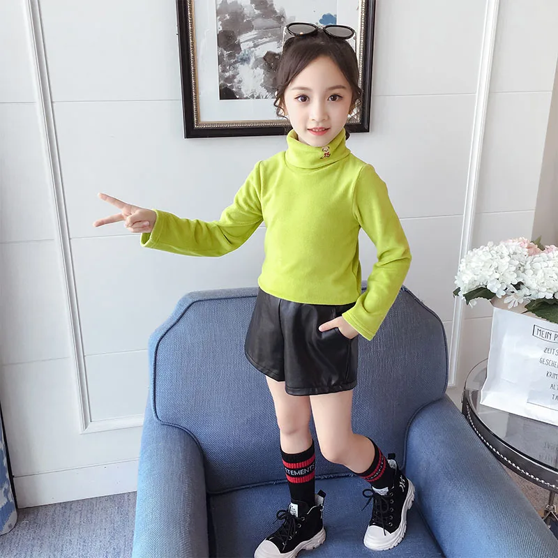 Green Base shirts Детская зимняя одежда зимние базовые рубашки baju anak perempuan, фланелевая Детская толстовка с высоким воротником теплые плотные Топы ярких цветов - Цвет: Green Base shirts