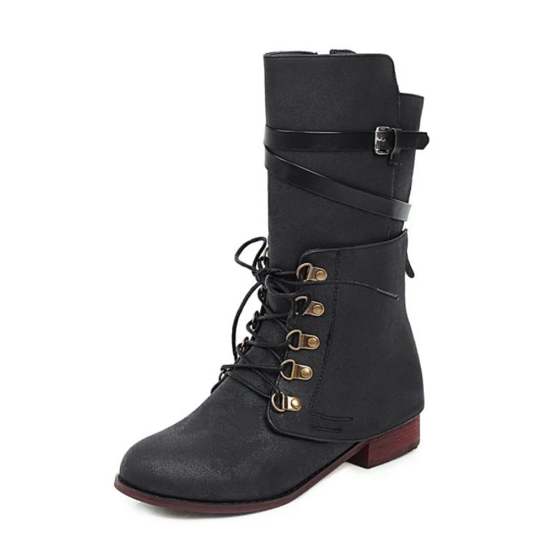 RIZABINA New Mid Calf Boots For Woman Round Toe Side Zipper Low Heels Shoes Fashion Buckle Winter Women Footwear Size 34-43 - Цвет: black