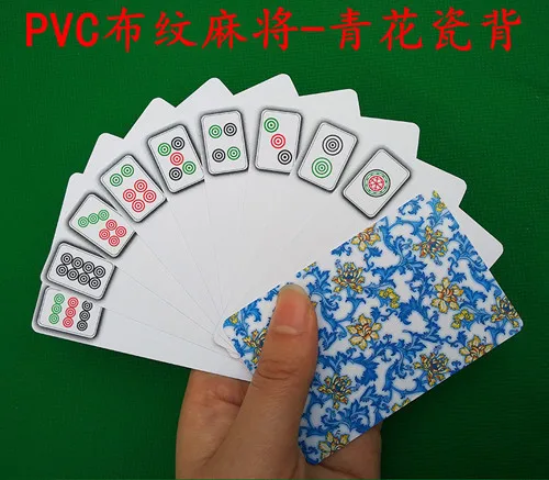 

Blue And White Porcelain PVC Mahjong Playing Cards Dull Polish Plastic Mini Travel Portable Paper Mahjong Card to Send 2 Dice