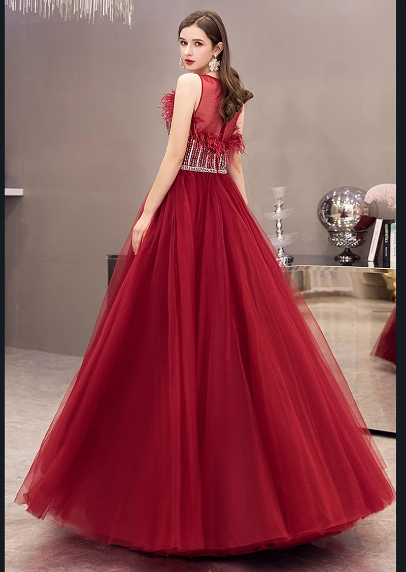 SSYFashion, новинка, высокое качество, Красное длинное вечернее платье, роскошные перья, блестки, бисер, без рукавов, для выпускного вечера, вечерние платья, Vestido De Noche