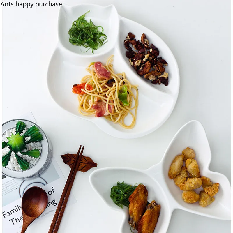 White Ceramics Dinner Plate Cartoon Tableware Cat Children's Dinner Plate Butterfly Multi-grid Bowl Dessert Nut Dried Fruit Dish