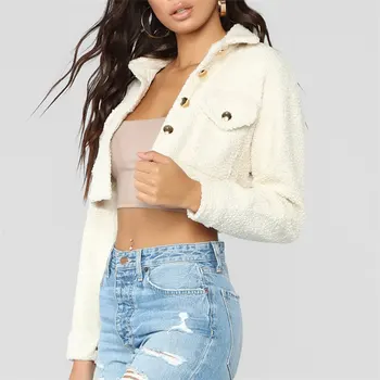 

Elegant Solid Color Cropped Teddy Jacket Women Front Pockets Thick Warm Coat Autumn Winter Soft Short Jackets Female 2020
