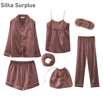 

Silka Surplus Women Pajamas 7 Piece Set Silk Long Sleeve Top Elastic Waist Pants Full Lounge Women Solid Sleepwear Set Home Suit