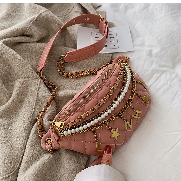 Small Bag Women New Fashion Korean Versatile Messenger Bag Pearl Chain Waist Bag Gold Letter Tassel Chest Bag Nightclub Bag