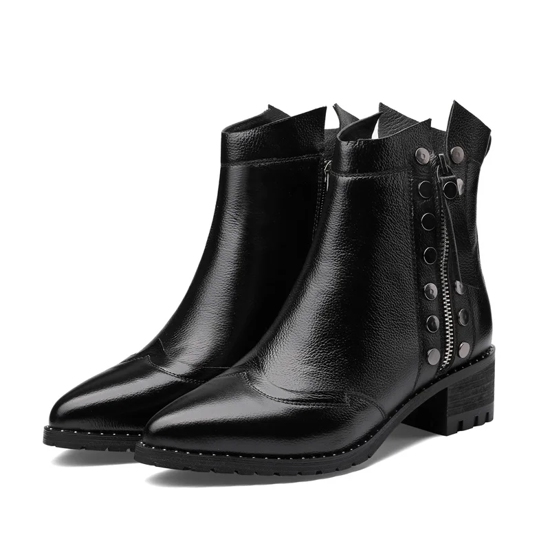 black EGONERY/Новые модные зимние ботильоны женская обувь из натуральной кожи на среднем каблуке с острым носком на молнии Прямая, размеры 32-43 - Цвет: black
