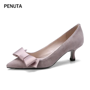 

2020 PENUTA Bow Heels Suede Leather Women Pumps Pink Gray Dress Shoes Woman Pointed Toe Graceful Bridal Shoes New Fashion G0002