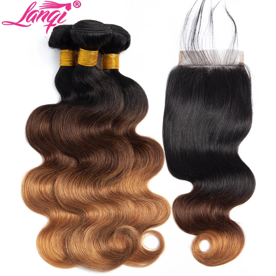 Lanqi Brazilian Body Wave Hair 3 Bundles With Closure Blonde bundles with closure 1B 4 30 Peruvian Human Hair Ombre Bundles With Closure