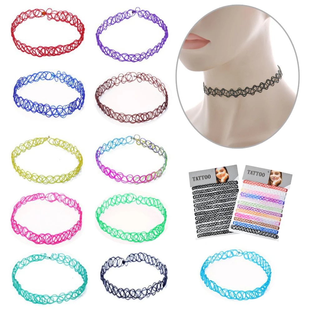 12 Stks/set Gemengde Kleur Tattoo Rainbow Chokers Vintage Gothic Punk Elastische Ketting Vrouwen Sieraden Party Wear Decoratie Voor Meisjes