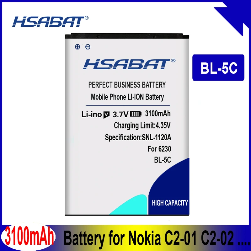 HSABAT 3100 мА/ч, BL-5C Батарея для Nokia C2-01 C2-02 C2-03 C2-06 X2-01 5130 XpressMusic 6230i 1108 1110 1112 1116 1200 1208 1209