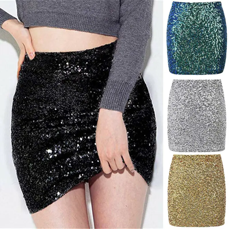 Women High Waist Sequin Glitter Mini Skirt Bodycon Slim Fit Pencil Skirts Ladies Mini Skirt