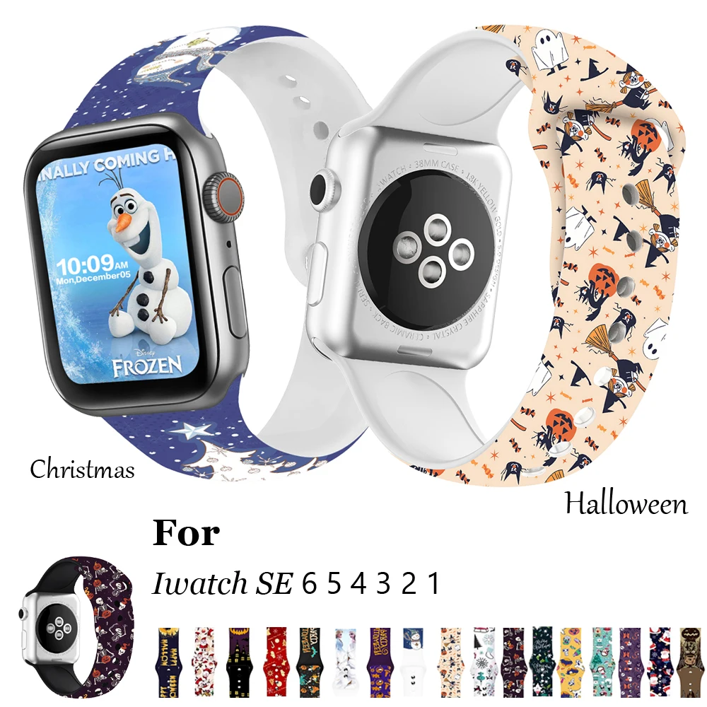 

Ремешок силиконовый для Apple Watch band 45 мм 41 мм 44 мм 40 мм 42 мм 38 мм, мультяшный резиновый браслет для iwatch 7 SE 6 5 4 3 2, Рождественский