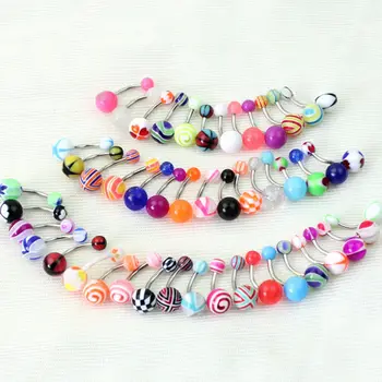 

10pcs/set Stainless Steel Belly Button Ring Curved Barbell With Acrylic Pattern Ball Navel Piercing Bar Body Jewelry