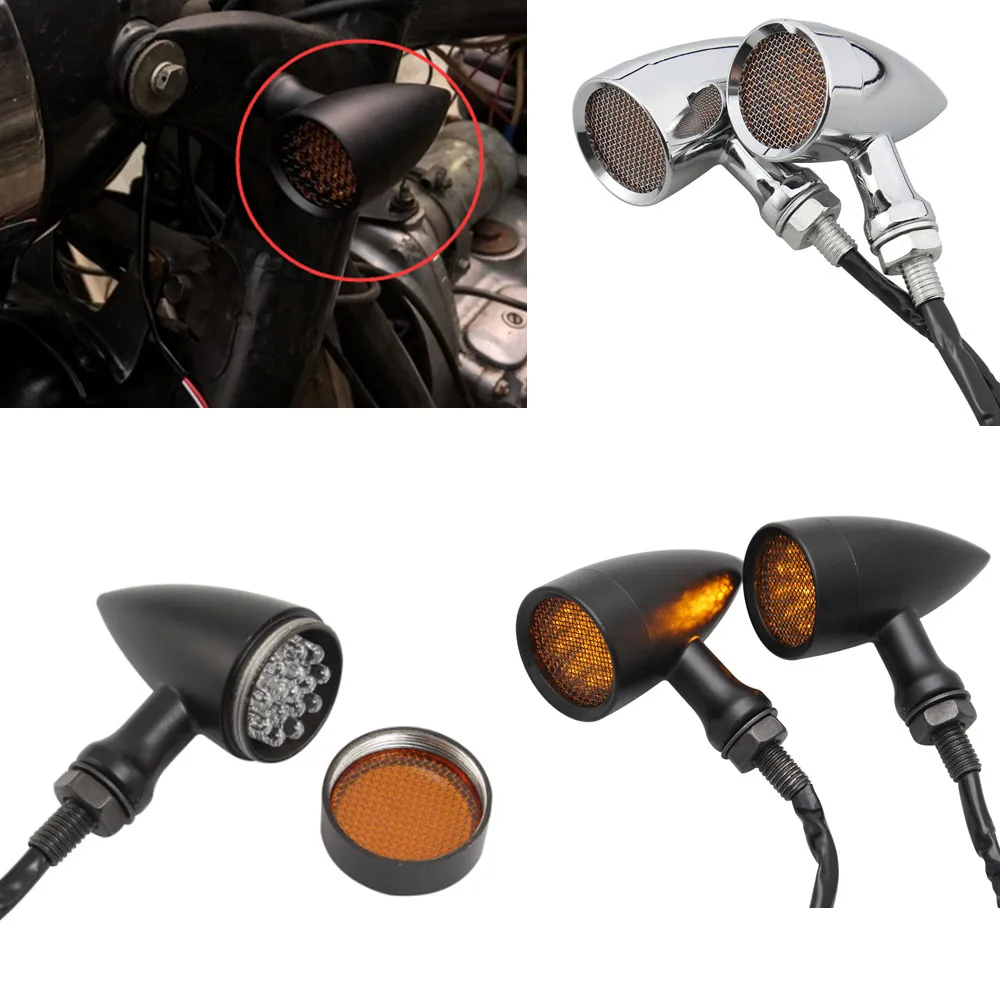 

Universal Black/Chrome Retro Turn Signal LED Amber Light Grid Brake Lights Indicator Lamp For Triumph Harley Yamaha Cafe Racer