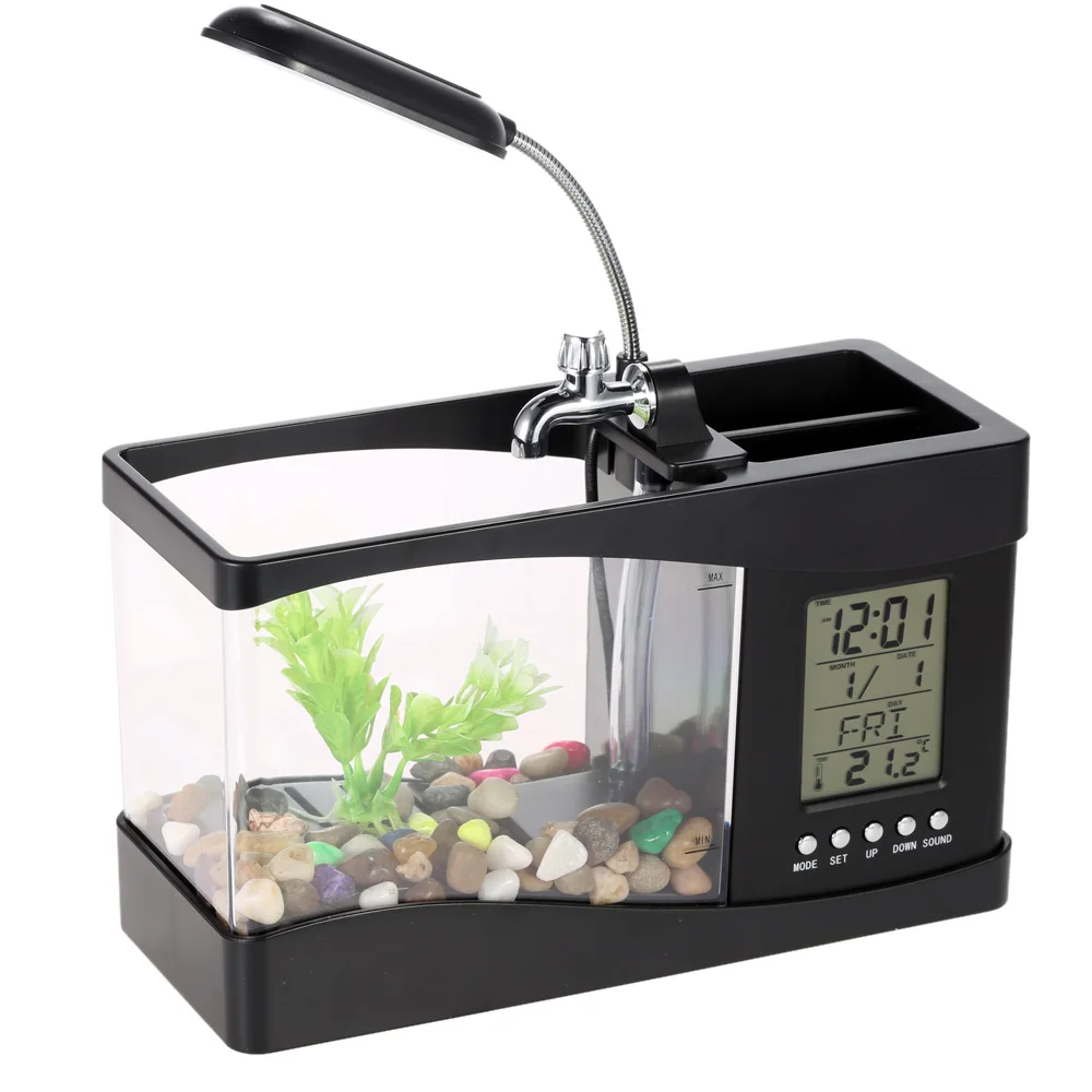 DADYPET аквариум USB мини аквариум с светодиодный светильник ЖК-дисплей экран и часы аквариум - Цвет: black