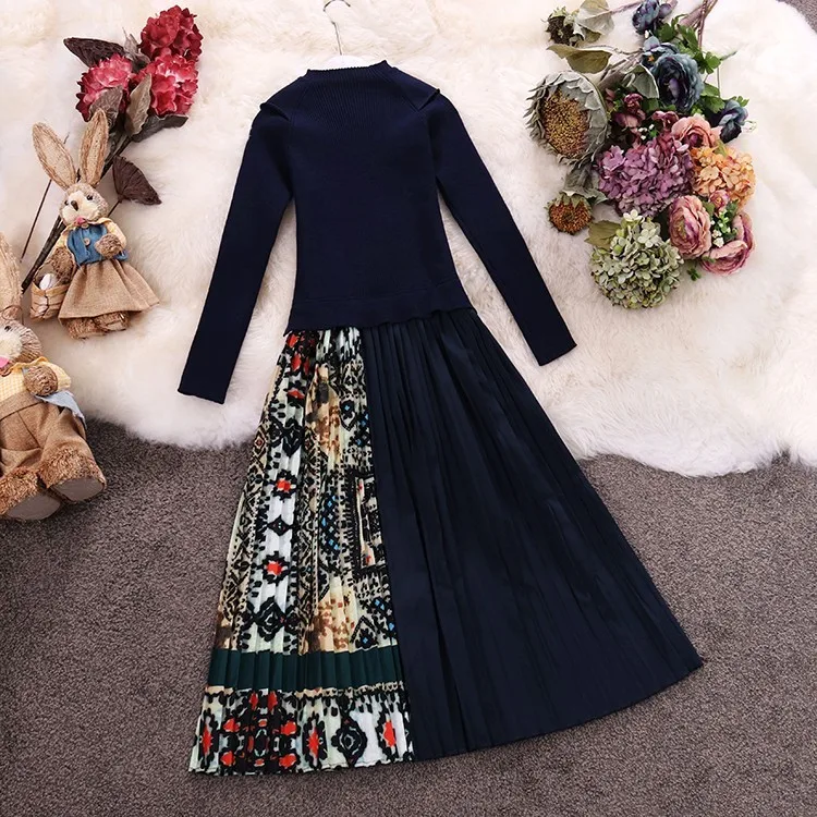 Женское платье с винтажным принтом, Драпированное, вязаное, из кусков, Осень-зима, для офиса, для девушек, вязаное, с длинным рукавом, с поясом, платье Vestidos