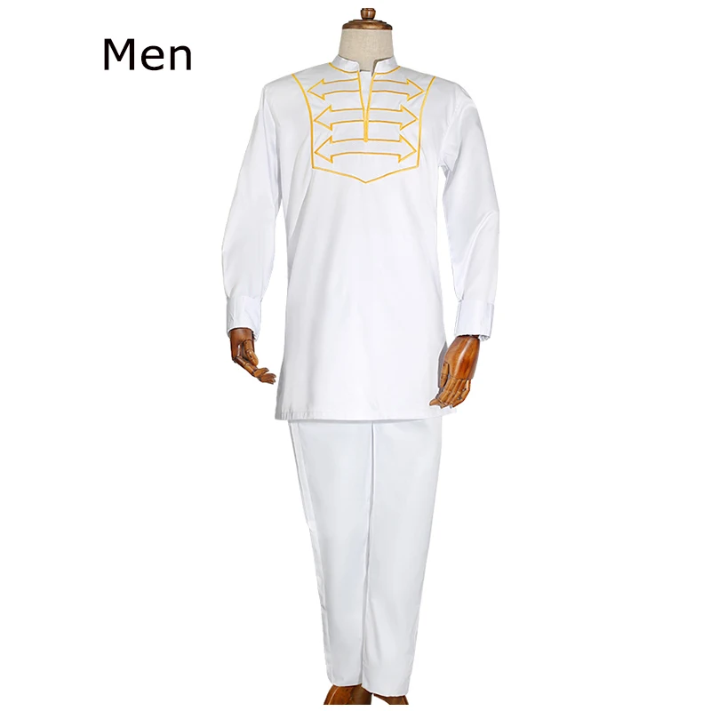 men white H& D/мужская одежда в африканском стиле для мальчиков футболка с длинным рукавом, штаны, костюм для мужчин, папы и сына, одежда с вышивкой Дашики вечерние наряды - Цвет: men white