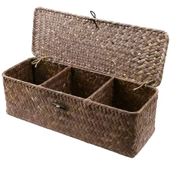 

3 Grid Storage Baskets With Cover Vintage Jewelry Storage Case Straw Desktop Tea Set Handmade Rattan Makeup Storage Box(Dark Cof